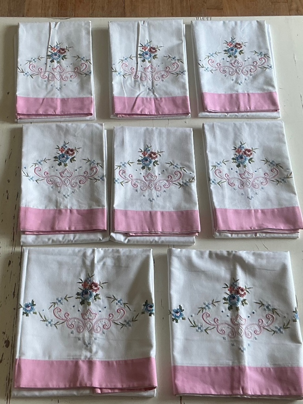 8 Vintage 100% Cotton White Floral Embroidered pillowcases